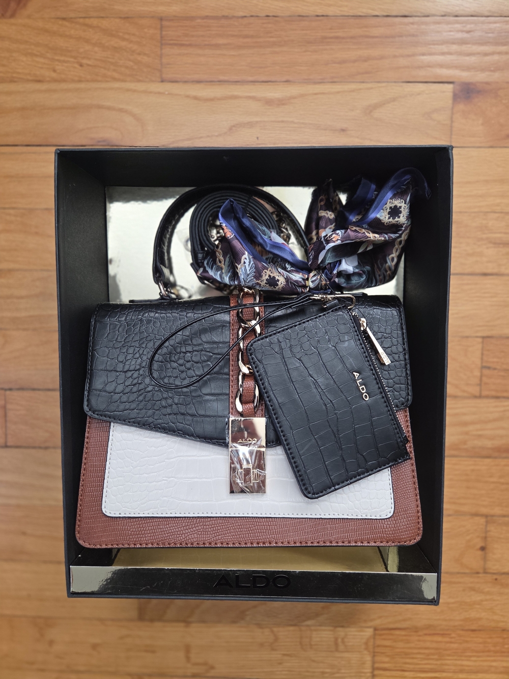 ALDO Tri-Color Croc-Embossed Top Handle Satchel in Black, White & Brown